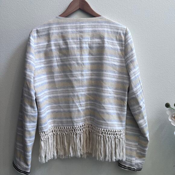 Women's Boho Fringe Open Front Esqualo Cream Gray Cardigan Jacket Size 10 Chic - Picture 2 of 8